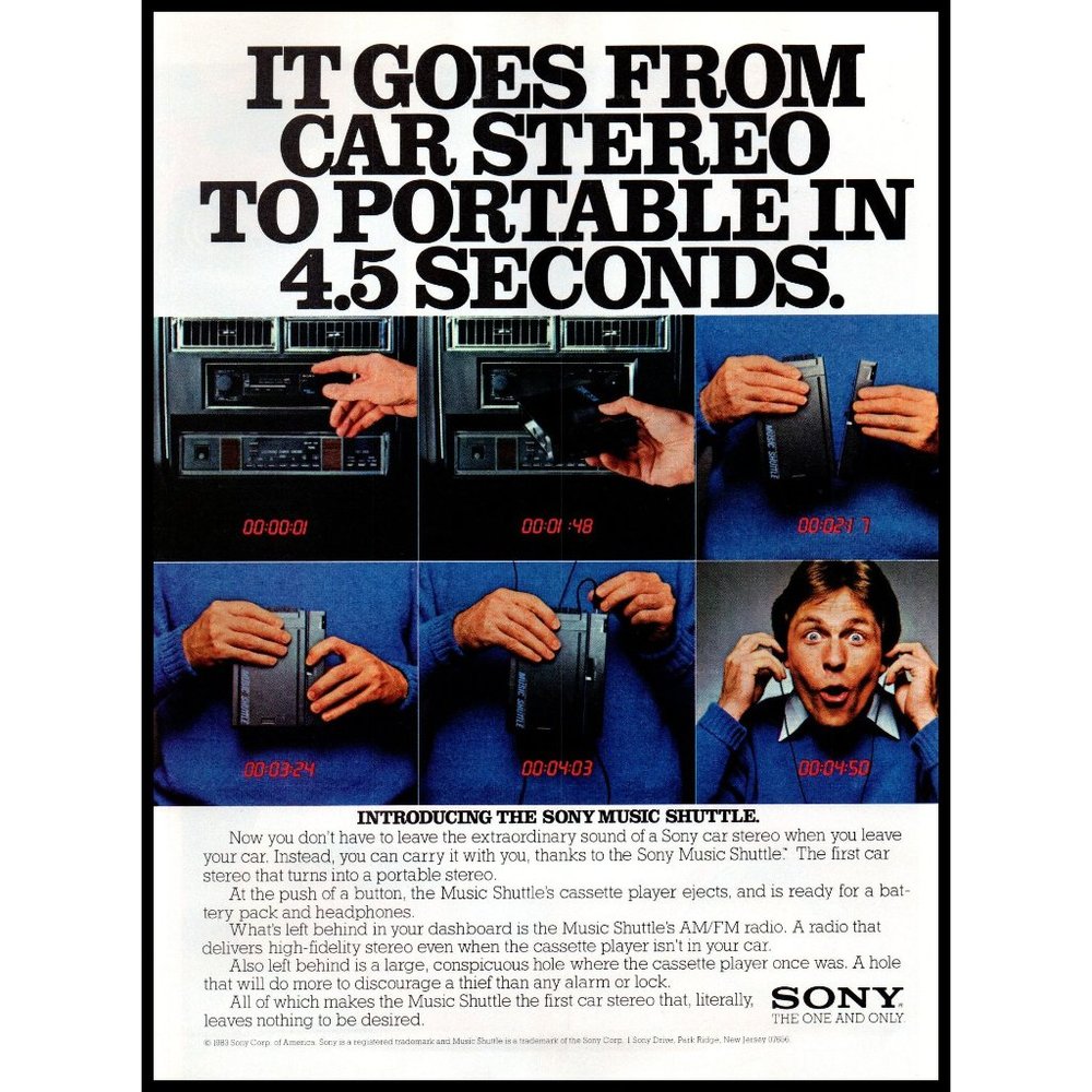 1983 Sony Music Shuttle Car and Portable Stereo Vintage Print Ad 80s Tech Art